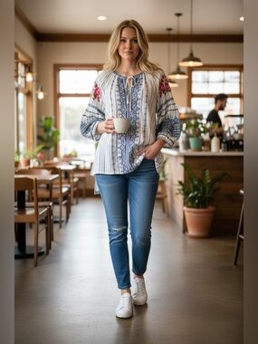 JOHNNY WAS Shea Embroidered Peasant Blouse, Blue & White cotton, Pink Accents, L